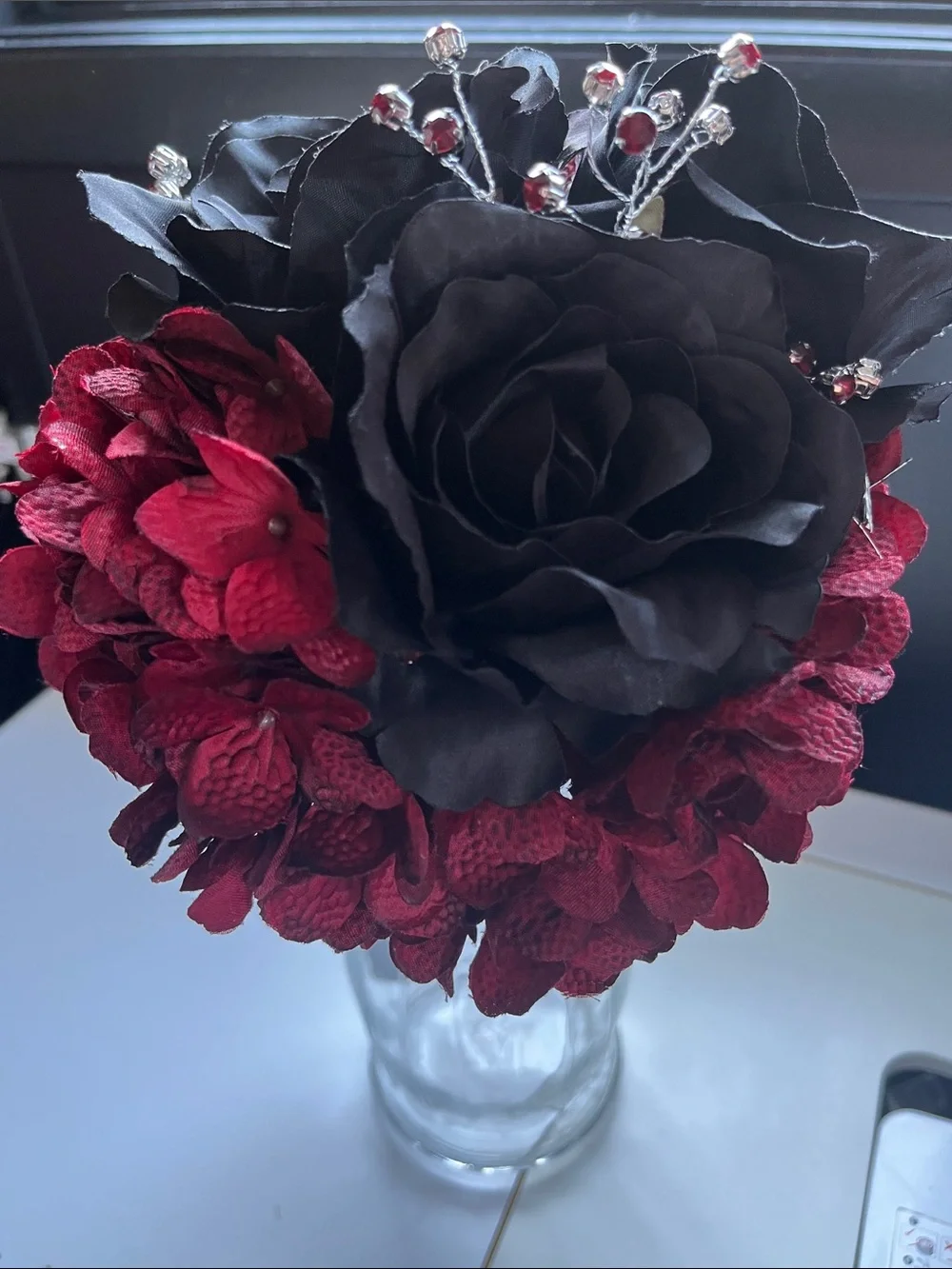 Black & Deep Red Floal Bouquet with Crystal Accents